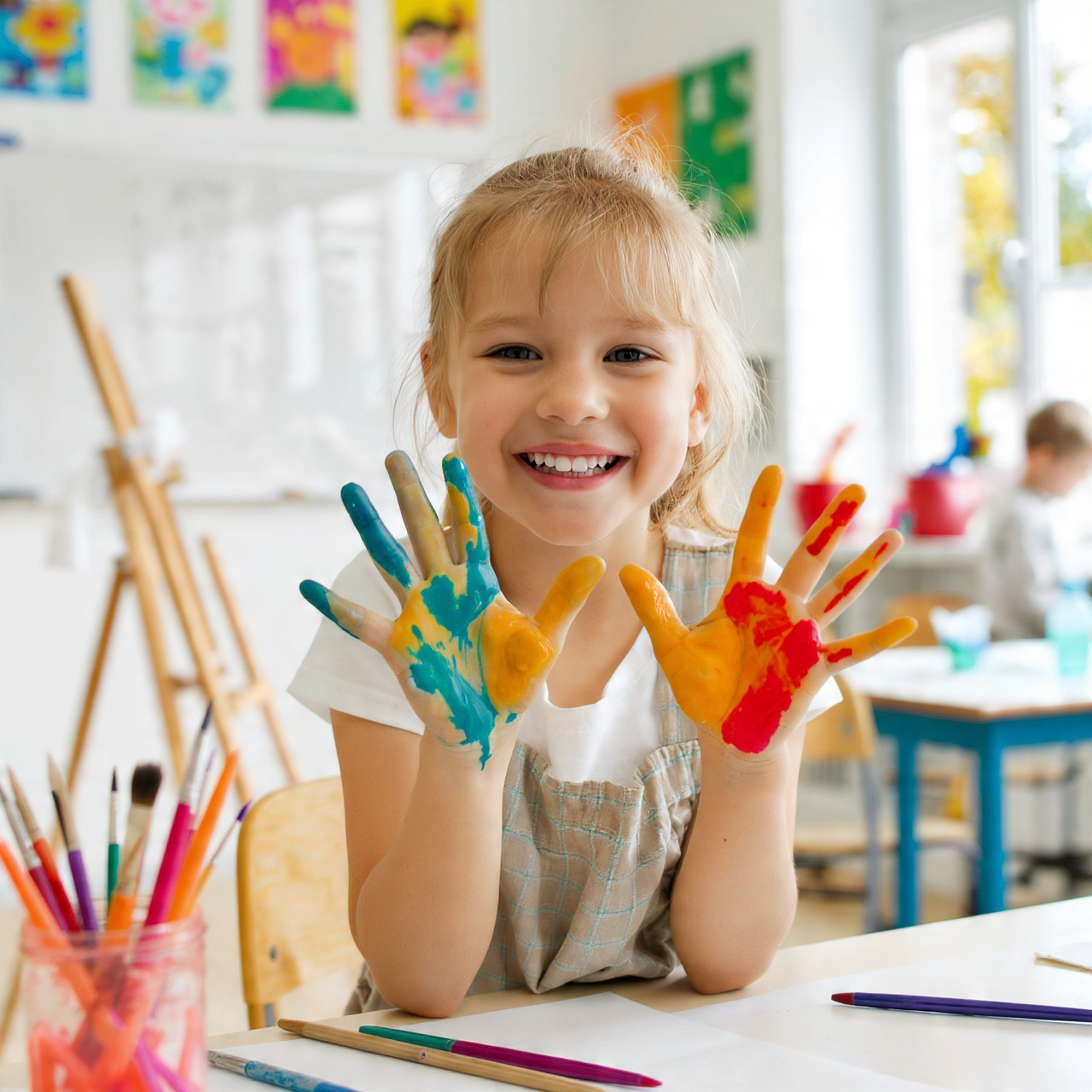 Niña feliz pintando con las manos, representando la tranquilidad de que tus hijos solo se enfocarán en elegir su carrera