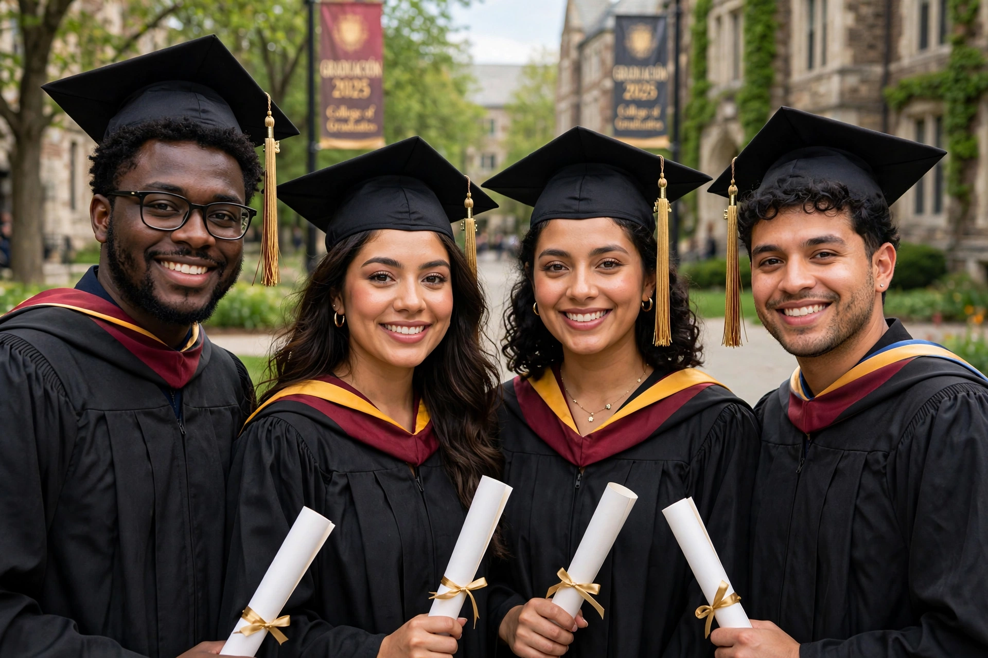 Grupo de graduados felices con diplomas, símbolo del siguiente gran logro académico